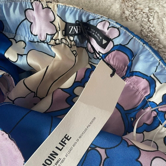 Zara Retro Floral Satin Effect Strapless Midi Dress NWT Blue White Purple Small - Picture 16 of 16